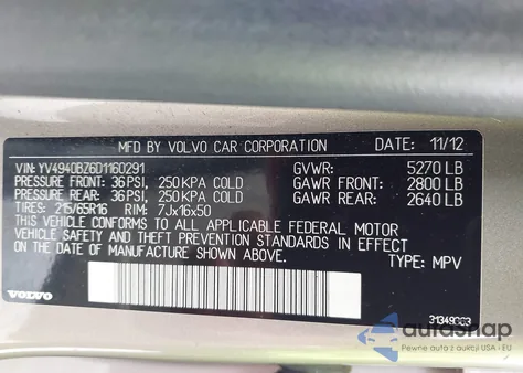 2013 Volvo Xc70 3.2 Premier z USA, uszkodzony, nr VIN YV4940BZ6D1160291